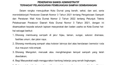 Pemko Dumai Terbitkan Surat Edaran Sanksi Tegas bagi Pembuang Sampah Sembarangan, Berlaku Mulai 1 Juni 2026